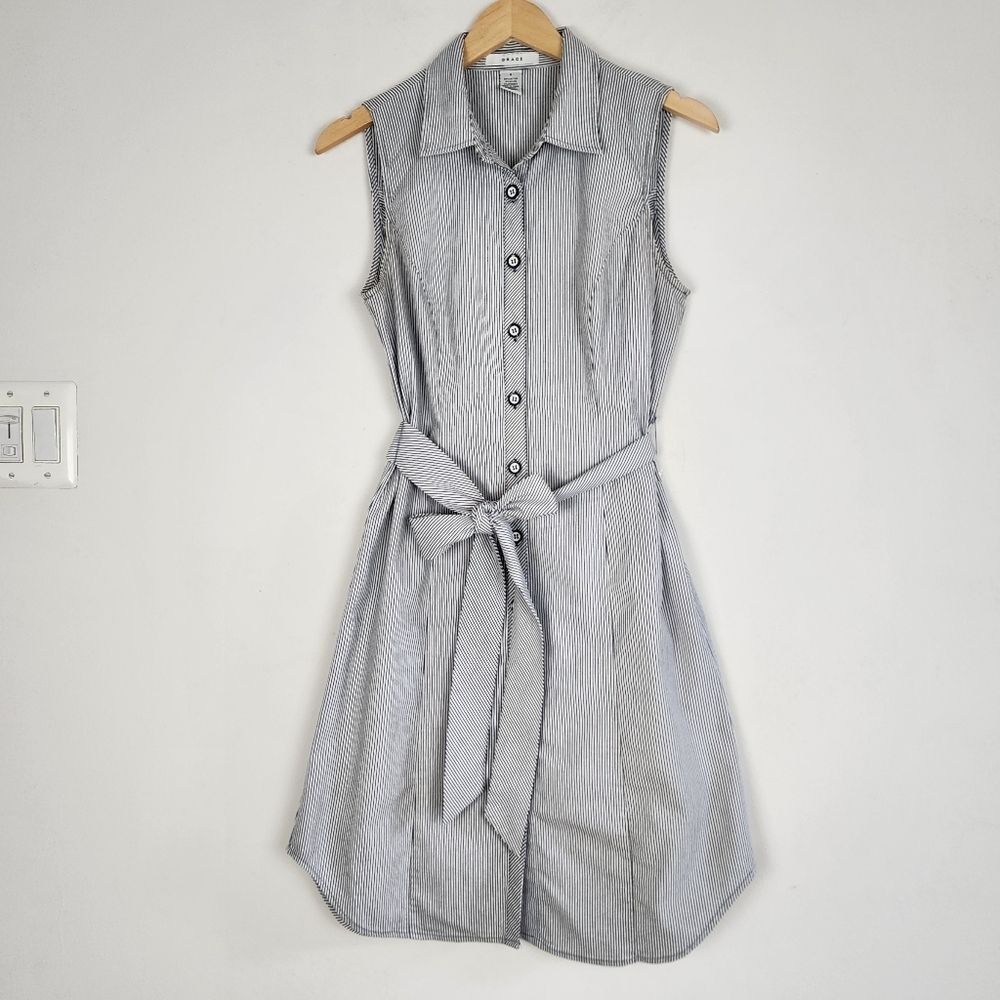 Grace Sleeveless Dress Blue Striped Midi Button Front Cotton Blend Tie Waist 6 - Picture 10 of 12